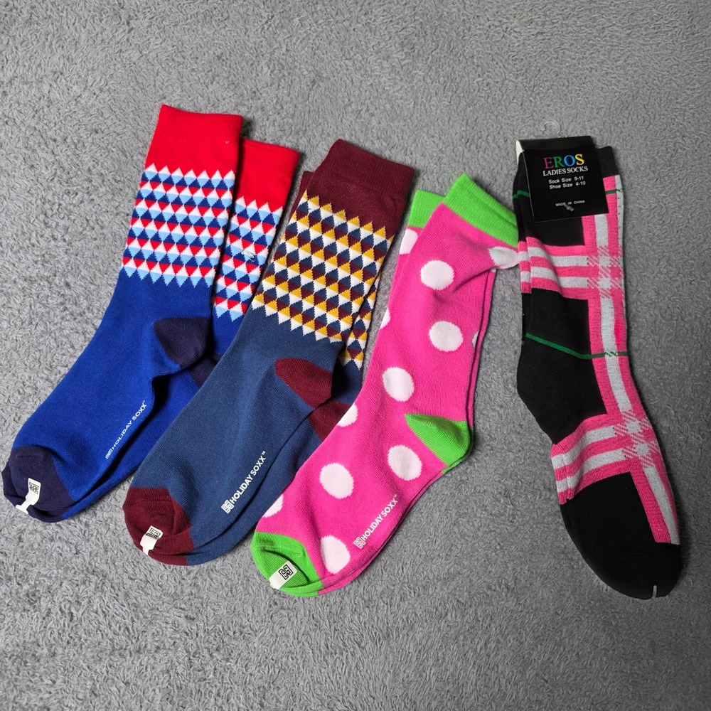 Holiday Soxx Eros Women 9-11 Crew Socks Multicolor Polka Dot Plaid Geometric 4Pk